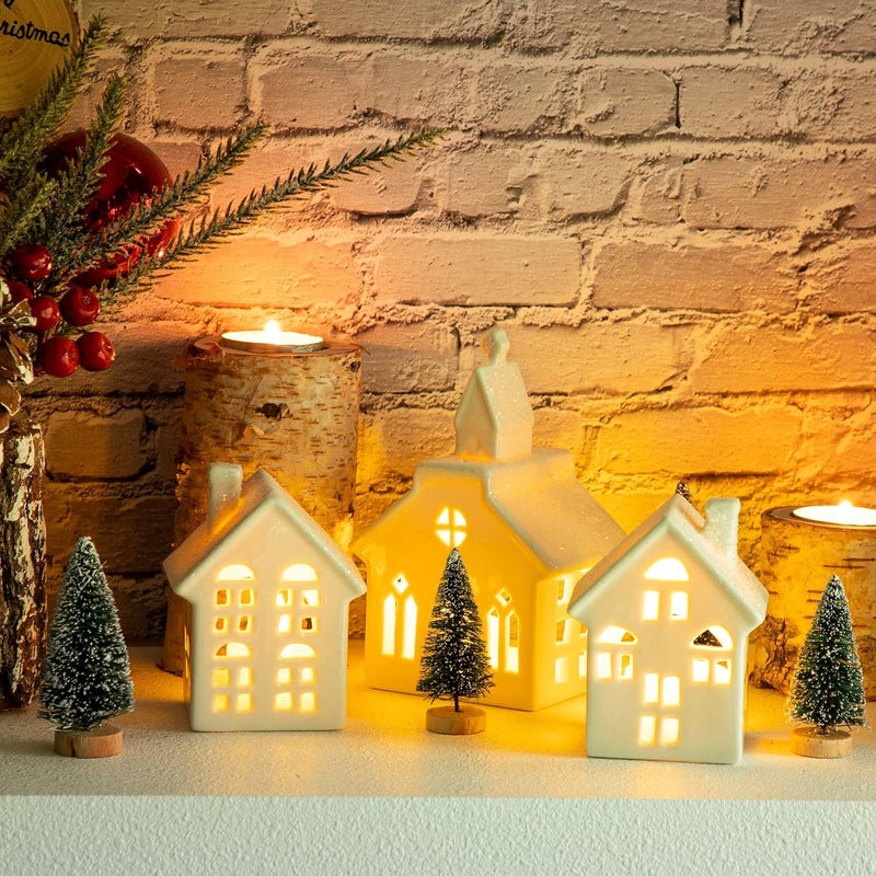 Mwfus 7 Pcs Christmas Miniature Porcelain Village Sets Tabletop Figurine LED Porcelain House Miniature Christmas Figurines Decorations for Tabletop Mantle Decor - Image 2